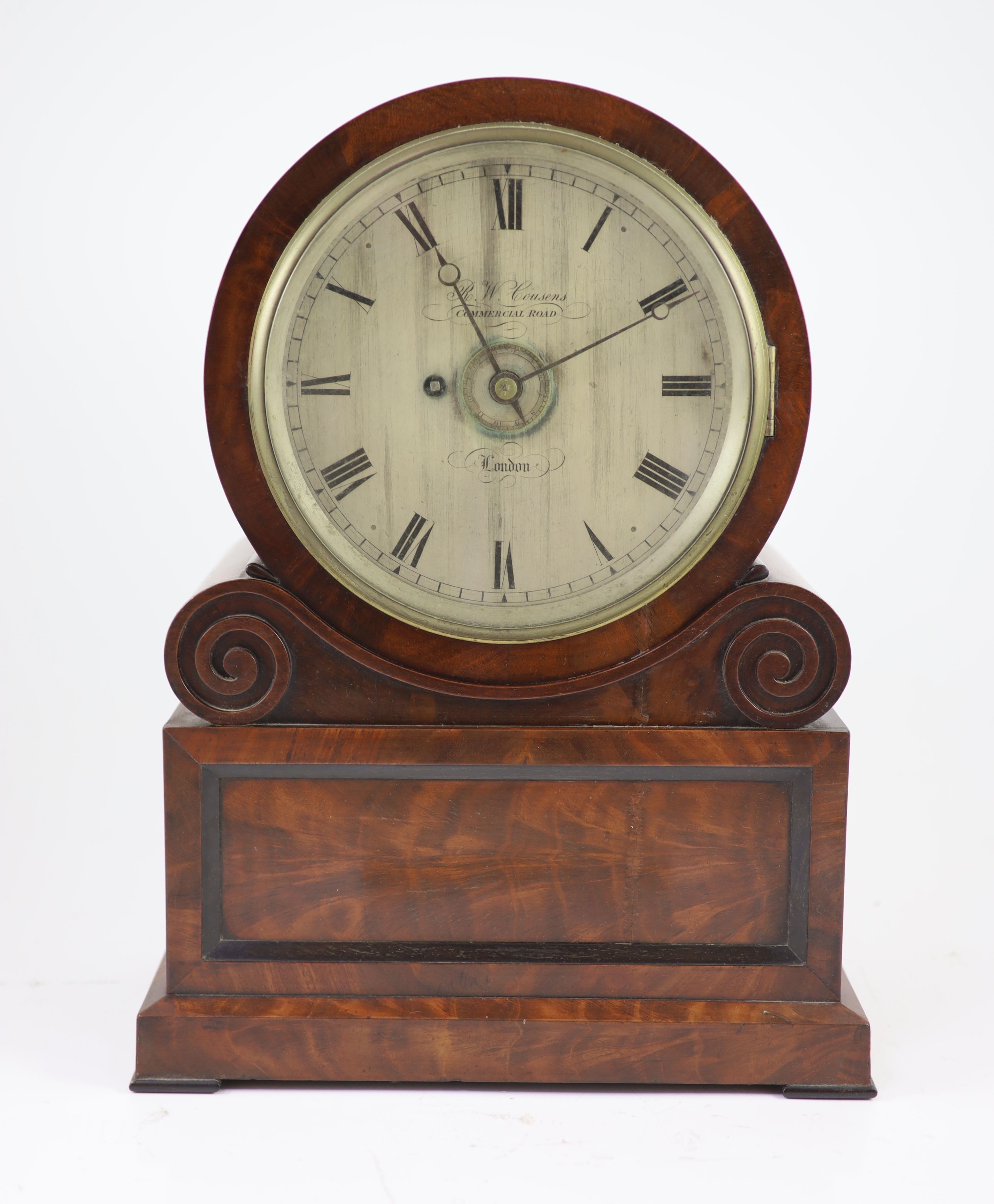 R W Cousens of Commercial Road, London, an early 19th century mahogany bracket timepiece H 43cm. W 32cm. D 17cm.